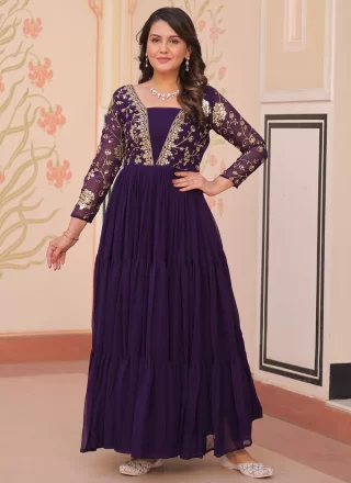 Embroidered, Sequins and Zari Work Faux Georgette Gown In Purple for Ceremonial