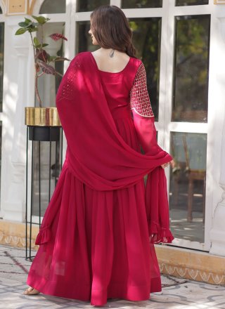 Embroidered, Sequins and Zari Work Faux Georgette Gown In Rani Color
