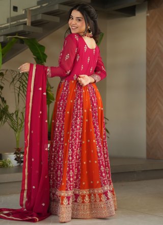 Embroidered, Sequins and Zari Work Faux Georgette Gown In Rani