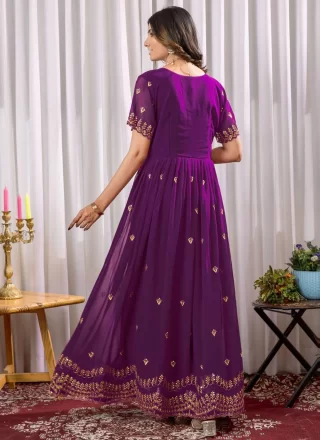 Embroidered, Sequins and Zari Work Faux Georgette Gown In Violet for Casual