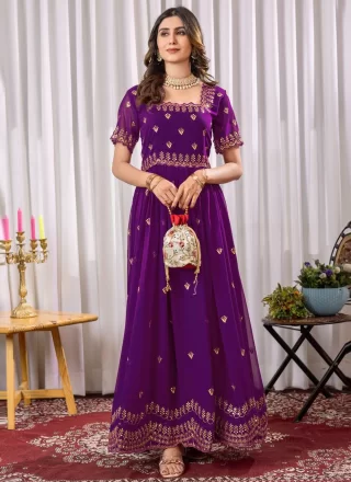 Embroidered, Sequins and Zari Work Faux Georgette Gown In Violet for Casual