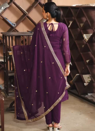 Embroidered, Sequins and Zari Work Faux Georgette Pant Style Suit In Purple