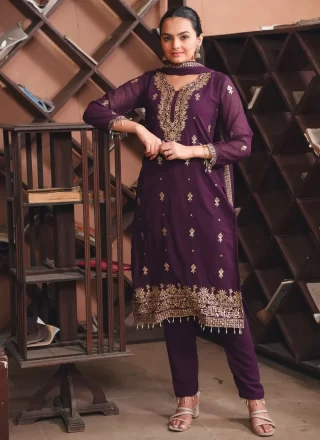 Embroidered, Sequins and Zari Work Faux Georgette Pant Style Suit In Purple