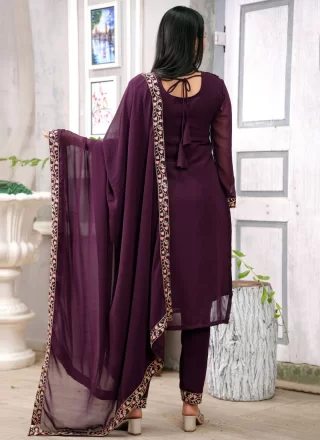 Embroidered, Sequins and Zari Work Faux Georgette Readymade Style In Purple for Ceremonial