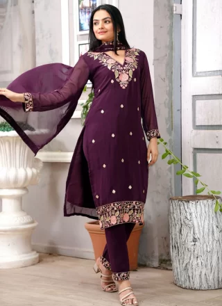Embroidered, Sequins and Zari Work Faux Georgette Readymade Style In Purple for Ceremonial