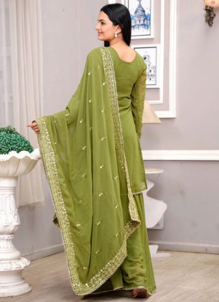 Embroidered, Sequins and Zari Work Faux Georgette Salwar Suit In Green for Festival