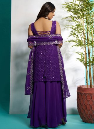 Embroidered, Sequins and Zari Work Faux Georgette Salwar Suit In Violet for Ceremonial