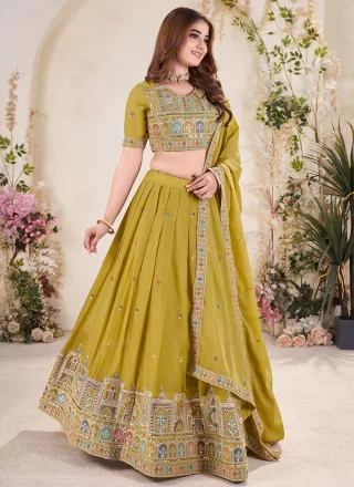 Embroidered, Sequins and Zari Work Georgette A - Line Lehenga Choli In Green Colour