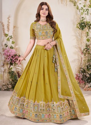 Embroidered, Sequins and Zari Work Georgette A - Line Lehenga Choli In Green Colour