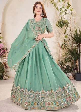 Embroidered, Sequins and Zari Work Georgette A - Line Lehenga Choli In Sea Green for Ceremonial