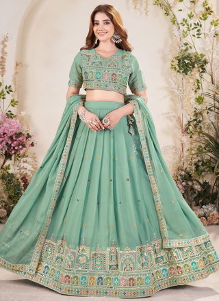 Embroidered, Sequins and Zari Work Georgette A - Line Lehenga Choli In Sea Green for Ceremonial