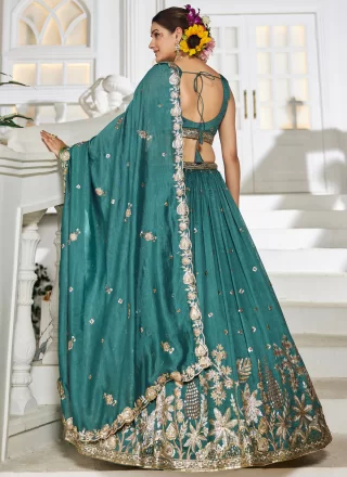 Embroidered, Sequins and Zari Work Georgette A - Line Lehenga Choli In Teal Colour
