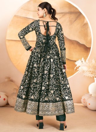 Embroidered, Sequins and Zari Work Georgette Anarkali Suit In Green