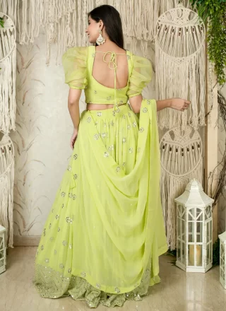 Embroidered, Sequins and Zari Work Georgette Lehenga Choli In Green Color