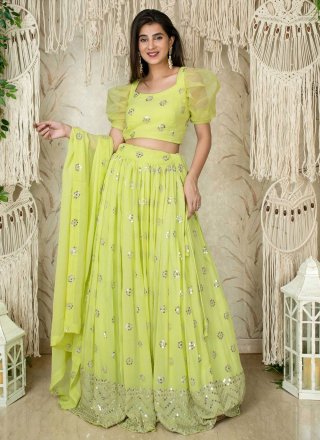 Embroidered, Sequins and Zari Work Georgette Lehenga Choli In Green Color