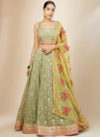 Embroidered, Sequins and Zari Work Georgette Lehenga Choli In Green for Ceremonial
