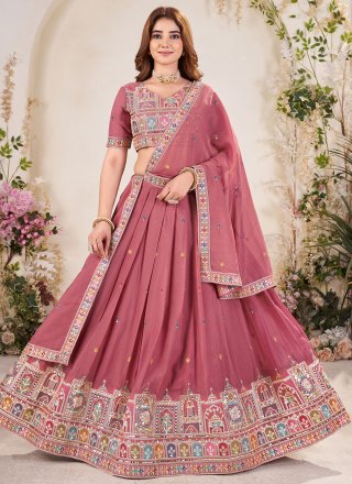 Embroidered, Sequins and Zari Work Georgette Lehenga Choli In Pink and Rust Colour