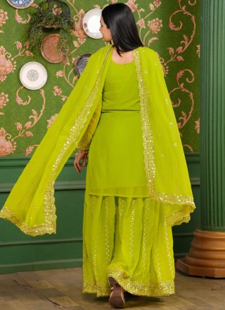 Embroidered, Sequins and Zari Work Georgette Readymade Salwar Suit In Green Color