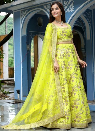 Embroidered, Sequins and Zari Work Silk A - Line Lehenga Choli In Yellow for Ceremonial