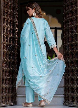 Embroidered, Sequins and Zari Work Silk Blend Salwar Suit In Aqua Blue Colour