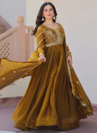 Embroidered, Sequins and Zari Work Silk Gown In Green Colour