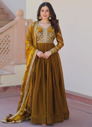 Embroidered, Sequins and Zari Work Silk Gown In Green Colour
