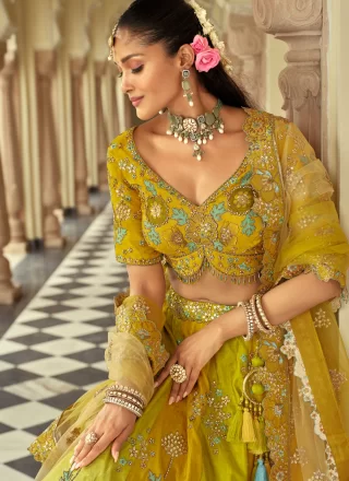 Embroidered, Sequins and Zari Work Silk Lehenga Choli In Green Color