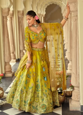 Embroidered, Sequins and Zari Work Silk Lehenga Choli In Green Color