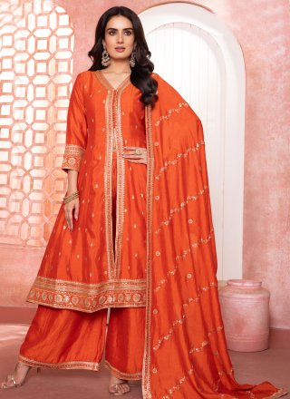 Embroidered, Sequins and Zari Work Silk Salwar Suit In Orange for Festival