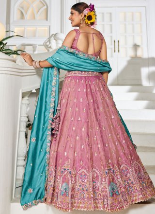 Embroidered, Sequins and Zari Work Tissue A - Line Lehenga Choli In Pink for Ceremonial
