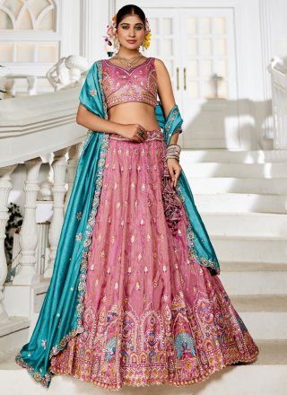 Embroidered, Sequins and Zari Work Tissue A - Line Lehenga Choli In Pink for Ceremonial
