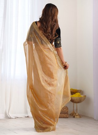 Embroidered, Sequins and Zari Work Tissue Contemporary Sari In Gold