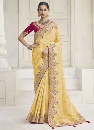 Embroidered, Sequins and Zari Work Tissue Traditional Saree In Yellow