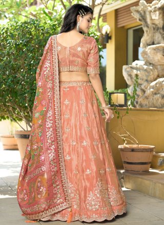 Embroidered, Sequins and Zari Work Viscose Lehenga Choli In Peach Color
