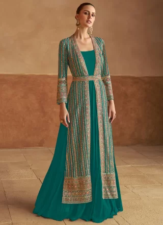 Embroidered, Sequins, Stone and Thread Work Georgette Designer Gown In Rama Color