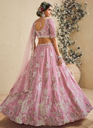 Embroidered, Sequins, Stone and Thread Work Satin A - Line Lehenga Choli In Pink