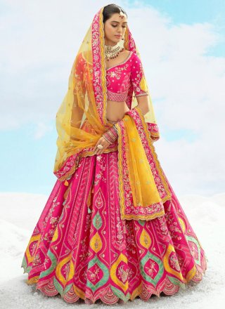 Embroidered, Sequins, Stone, Thread and Zari Work Silk Lehenga Choli In Rani Color