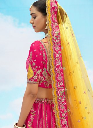 Embroidered, Sequins, Stone, Thread and Zari Work Silk Lehenga Choli In Rani Color