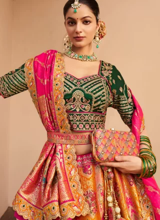 Embroidered, Sequins, Stone, Thread, Weaving and Zari Work Banarasi Silk A - Line Lehenga Choli In Yellow