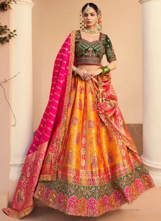 Embroidered, Sequins, Stone, Thread, Weaving and Zari Work Banarasi Silk A - Line Lehenga Choli In Yellow