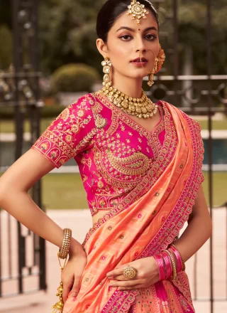 Embroidered, Sequins, Stone, Thread, Weaving and Zari Work Banarasi Silk Lehenga Choli In Peach and Pink