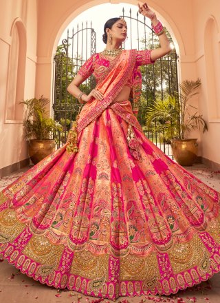 Embroidered, Sequins, Stone, Thread, Weaving and Zari Work Banarasi Silk Lehenga Choli In Peach and Pink