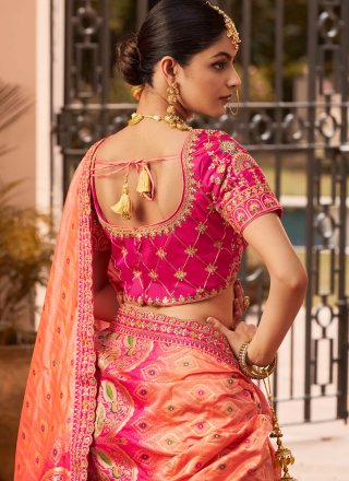 Embroidered, Sequins, Stone, Thread, Weaving and Zari Work Banarasi Silk Lehenga Choli In Peach and Pink