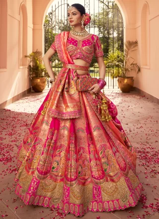 Embroidered, Sequins, Stone, Thread, Weaving and Zari Work Banarasi Silk Lehenga Choli In Peach and Pink
