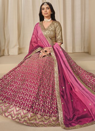 Embroidered, Sequins, Thread and Zari Work Chinon Lehenga Choli In Pink Color