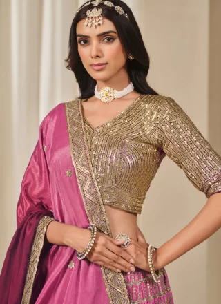 Embroidered, Sequins, Thread and Zari Work Chinon Lehenga Choli In Pink Color