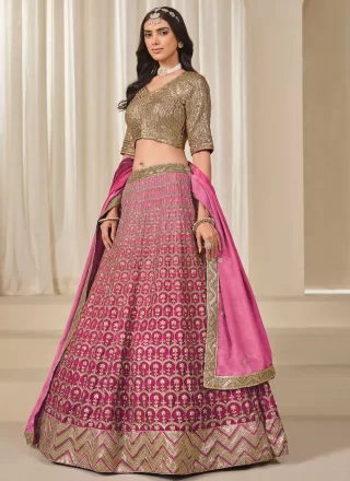 Embroidered, Sequins, Thread and Zari Work Chinon Lehenga Choli In Pink Color