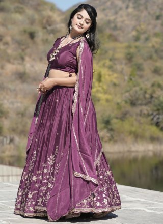 Embroidered, Sequins, Thread and Zari Work Chinon Lehenga Choli In Purple Colour