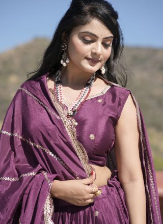 Embroidered, Sequins, Thread and Zari Work Chinon Lehenga Choli In Purple Colour