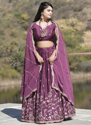 Embroidered, Sequins, Thread and Zari Work Chinon Lehenga Choli In Purple Colour